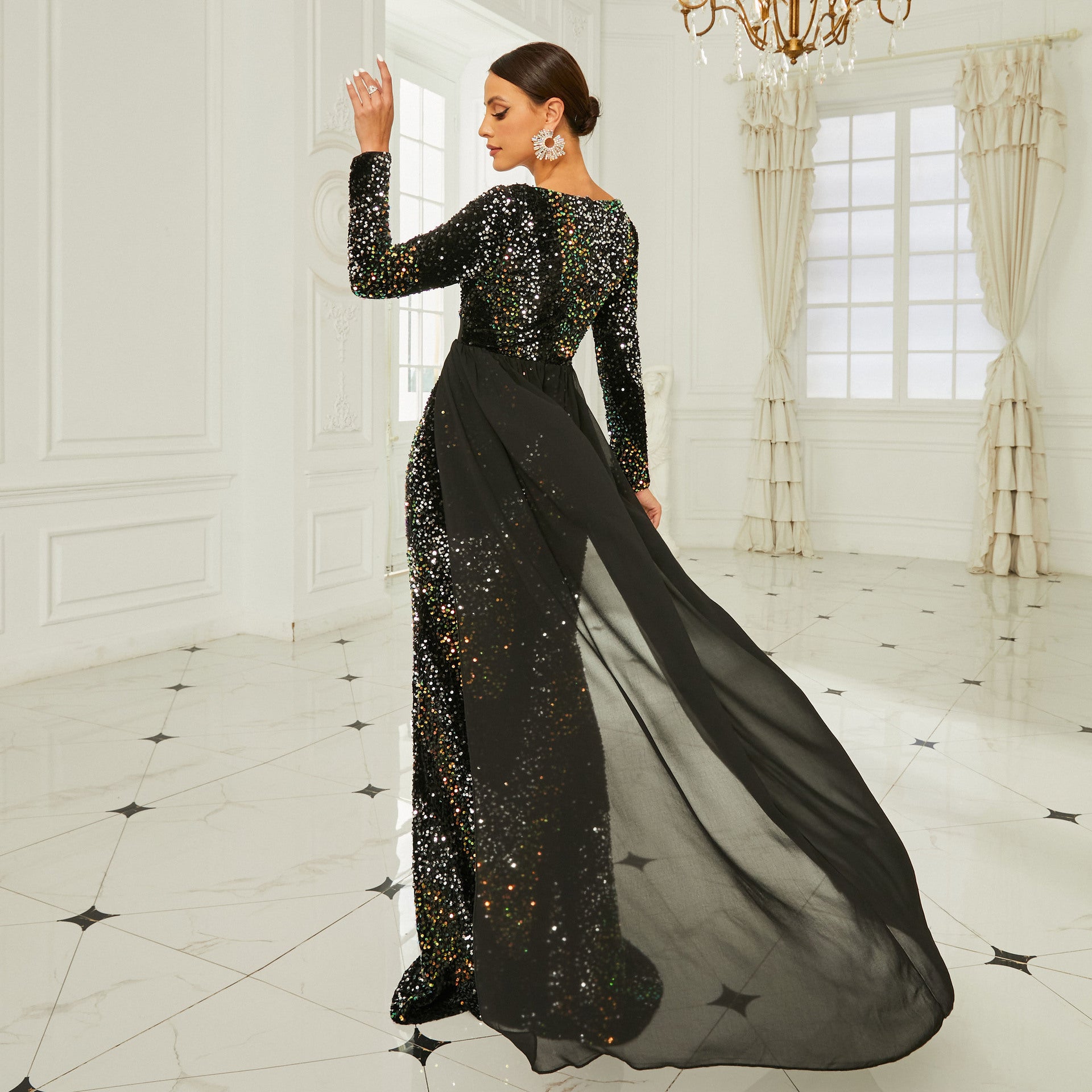 Long Sleeve V Neck Sexy Sequin Formal Party Evening Gown Long Bridesmaid Dress 4