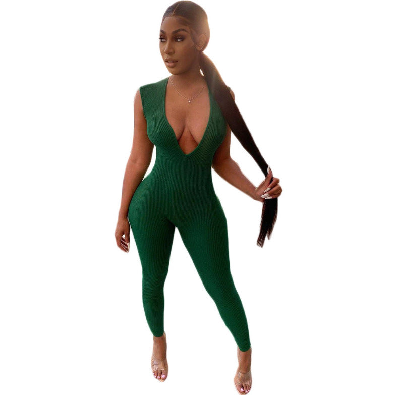 Solid Color Sexy Deep V-Neck Low-Cut Tight Fitting Women's Jumpsuit 7