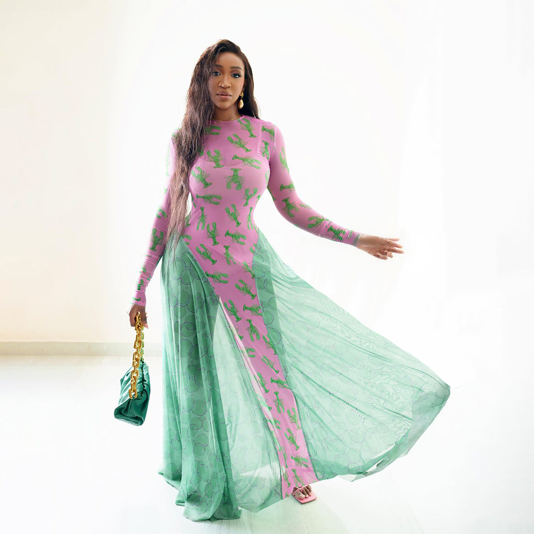 Women Autumn Print Mesh Color Block Patchwork Long Sleeve Dress 4