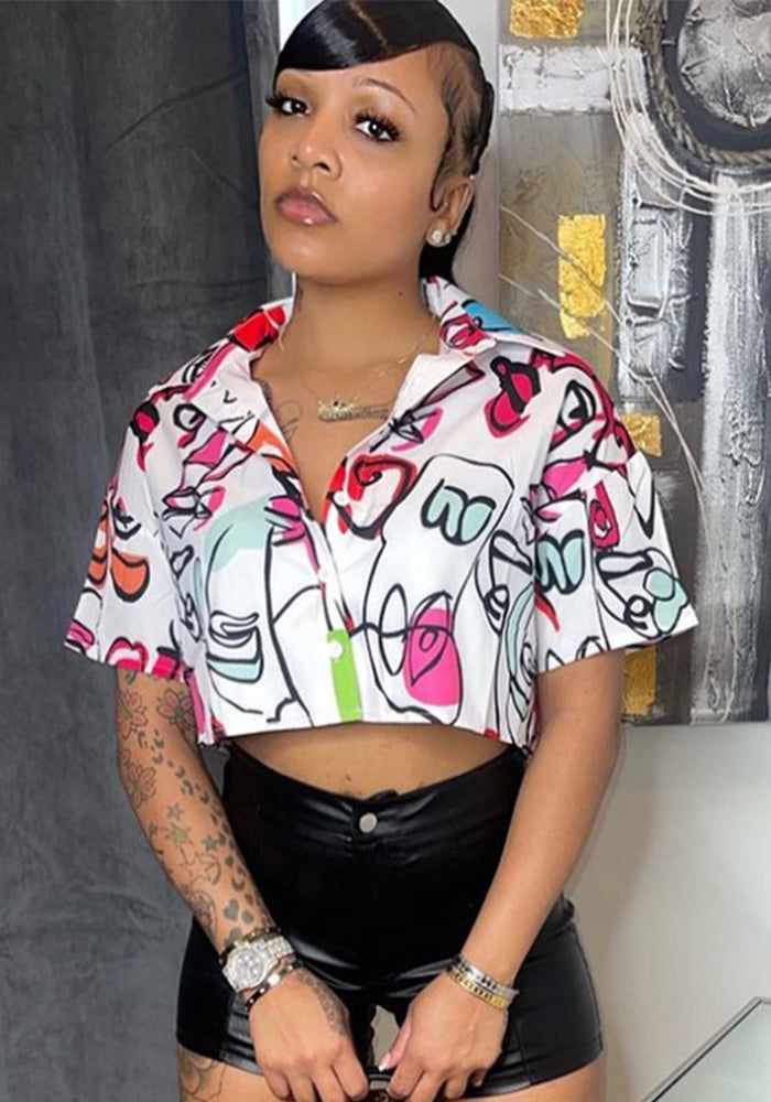 Summer Shirt Women's cropped inspired design Top Print Short Sleeve Lining