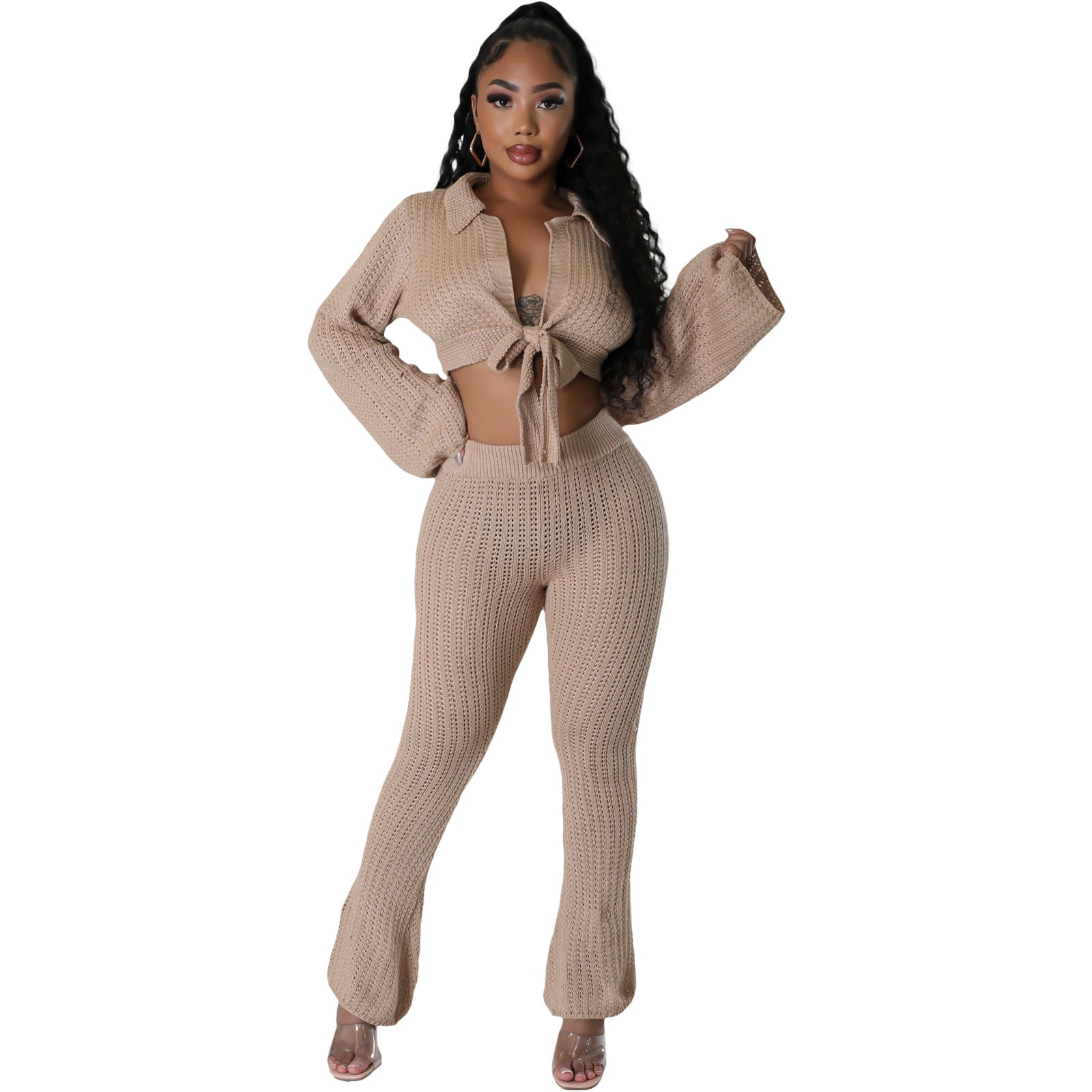 Women's Sexy Solid Color Mesh Knitting Lace-Up Two-Piece Pants Set