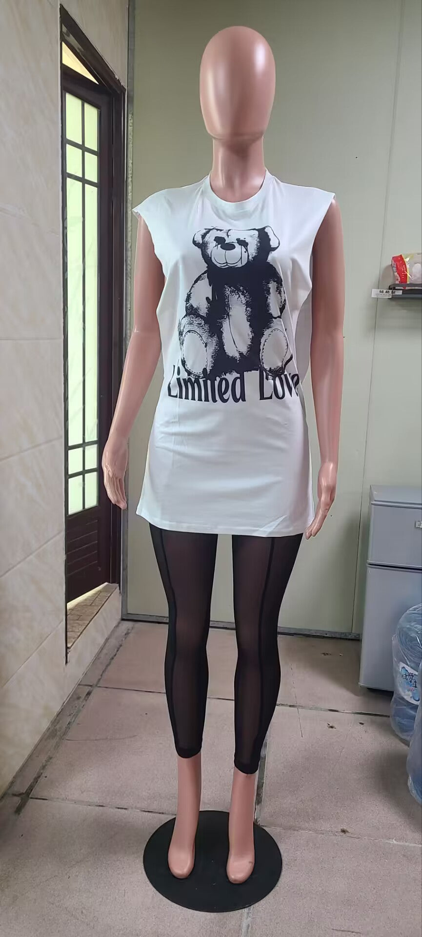 Women's Letter Bear Printed Sleeveless Round Neck Two Piece Mesh Pants Set 4