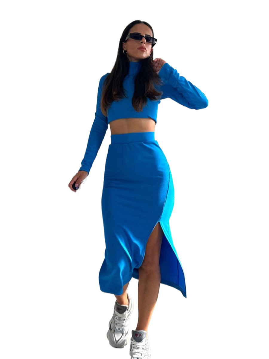 Spring And Autumn Solid Color Ribbed Round Neck Long-Sleeved Women's Two-Piece Fashionable Slit Maxi Skirt Set 9