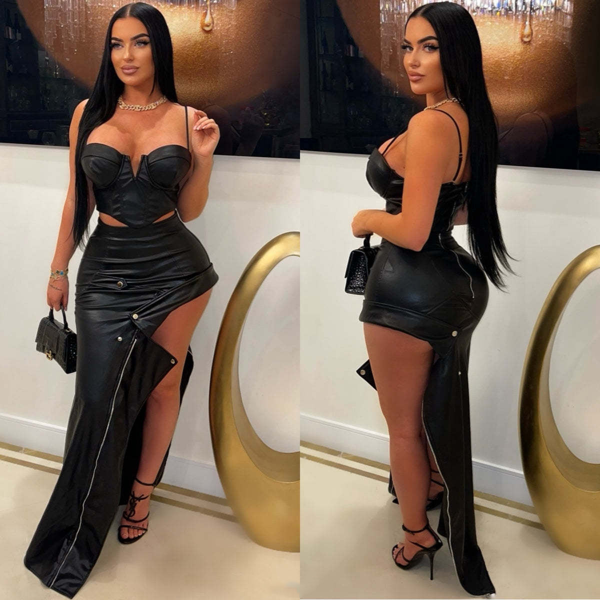 PU leather zipper fashion sexy high slit skirt