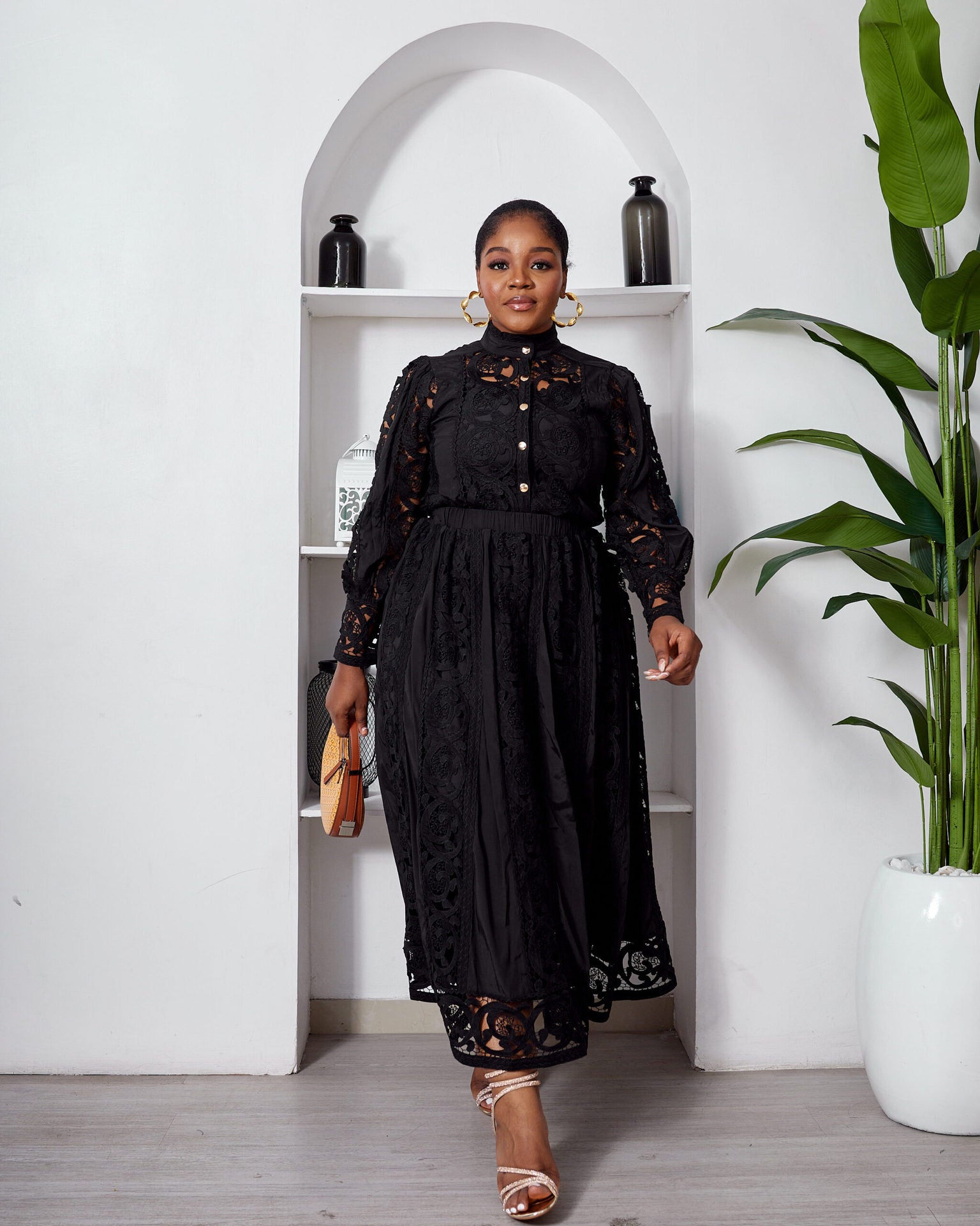 Autumn Lace Sheer Embroidered Blouse High Waist Midi Skirt Set 3