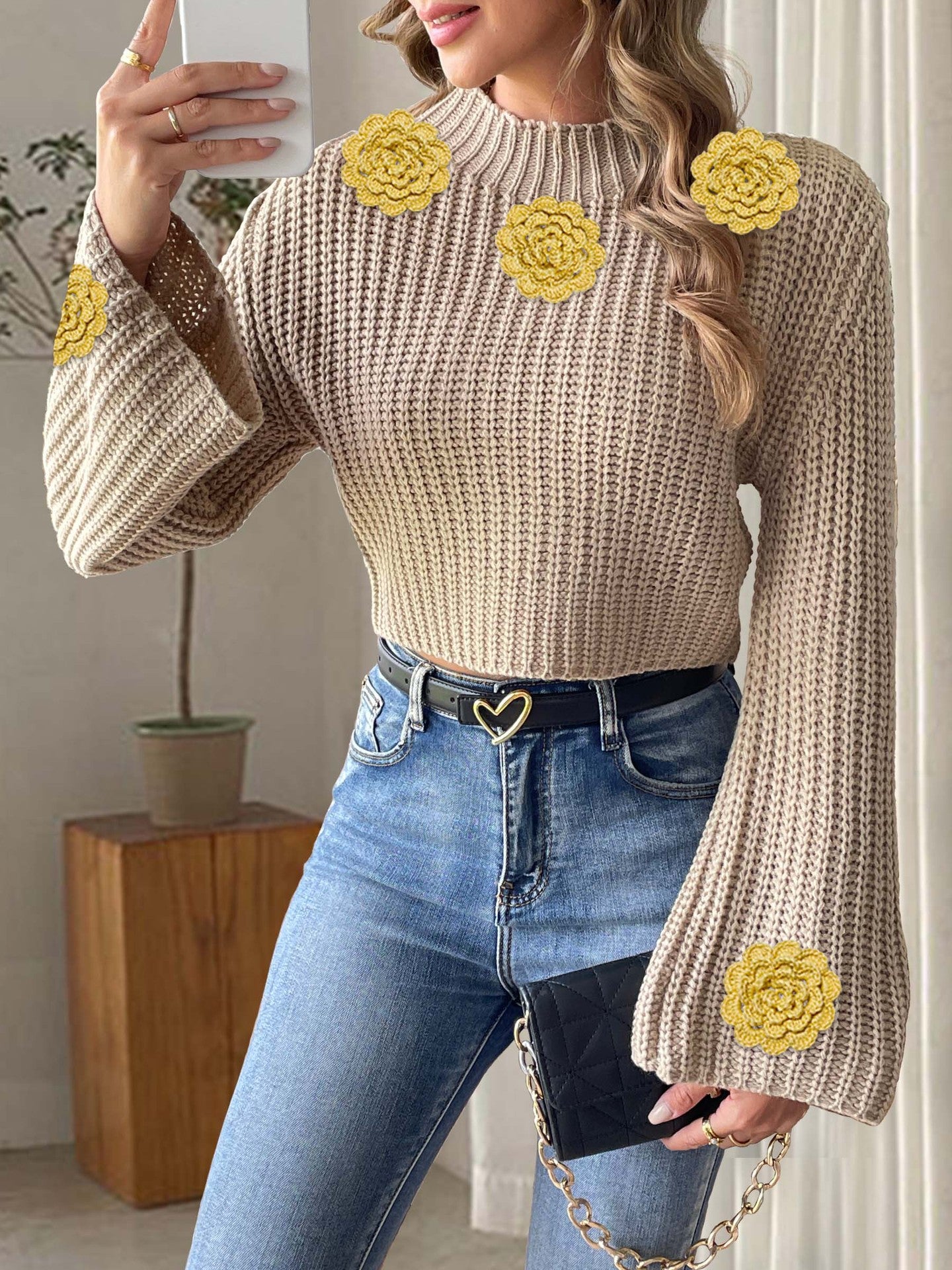 Women's Short Crop Knit Sweater Autumn Winter Crochet Patchwork Bell Sleeve Mock Neck Pullover Top 7