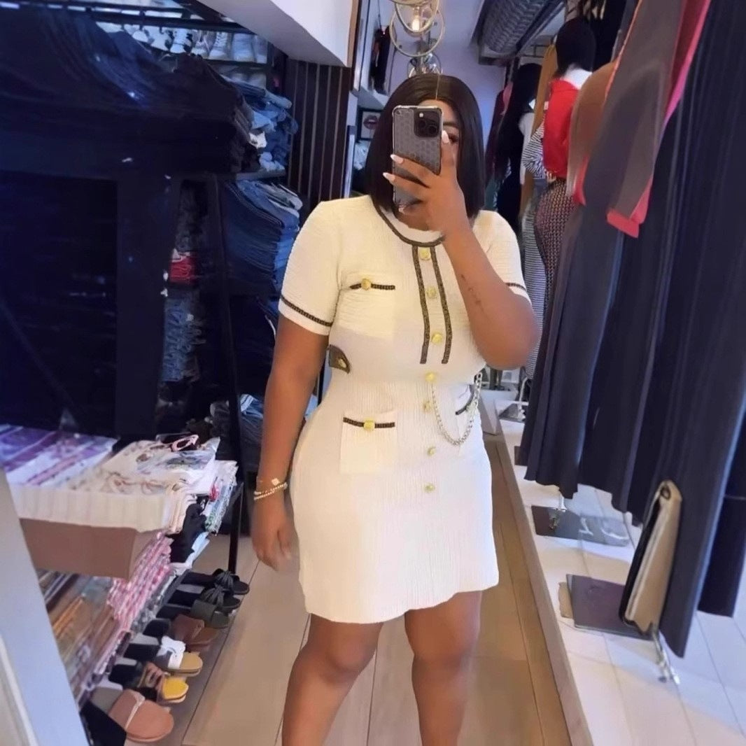 Women Short Sleeve Button Knitting Dress 7