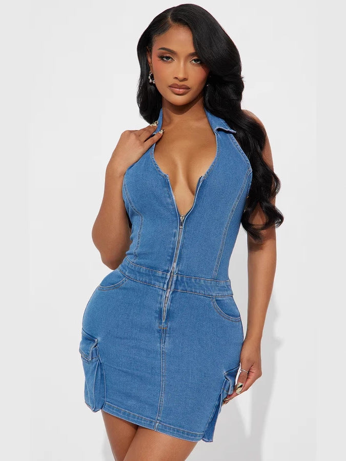 Women Halter Neck Denim Bodycon Dress 6