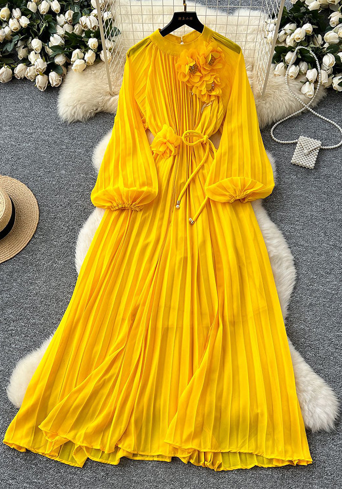 Elegant Women's Luxury Beaded Flower Belt Slim Waist Pleated Long Dress