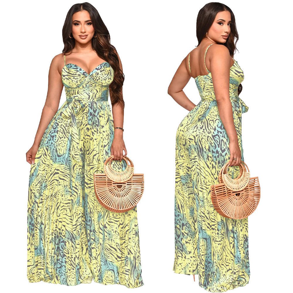 Ladies Fashion Printed Strap Pleated Jumpsuit