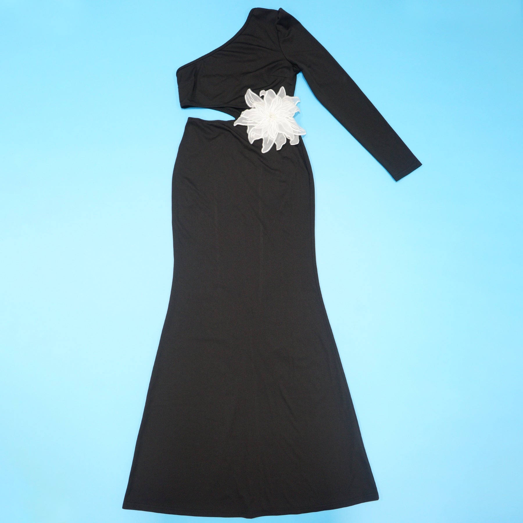 Women One-shoulder Long-sleeved Sexy Flower Beaded Dress 4