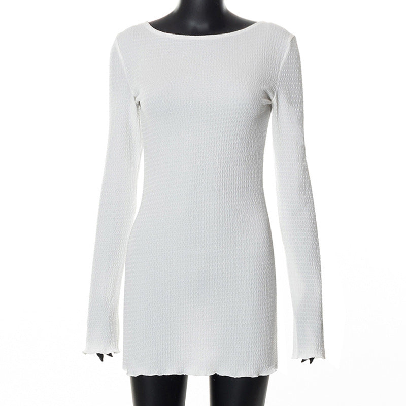 Women's Autumn Bubble Ribbed Solid Color Halter Neck Low Back Long Sleeve Casual Dress 8