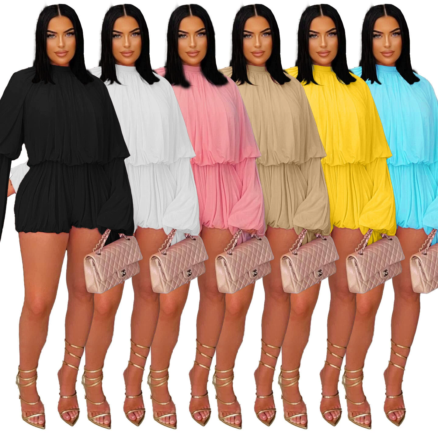 Women's Casual Solid Color Shorts & Round Neck Lantern Sleeve Top Two-Piece Set 8