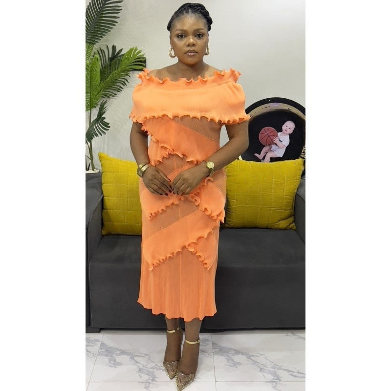 Plus Size African Women Off Shoulder Ruffle Edge Dress 5