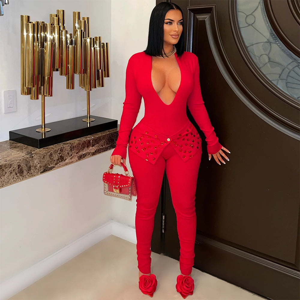 Sexy solid color long sleeves V-neck beaded jumpsuit 3