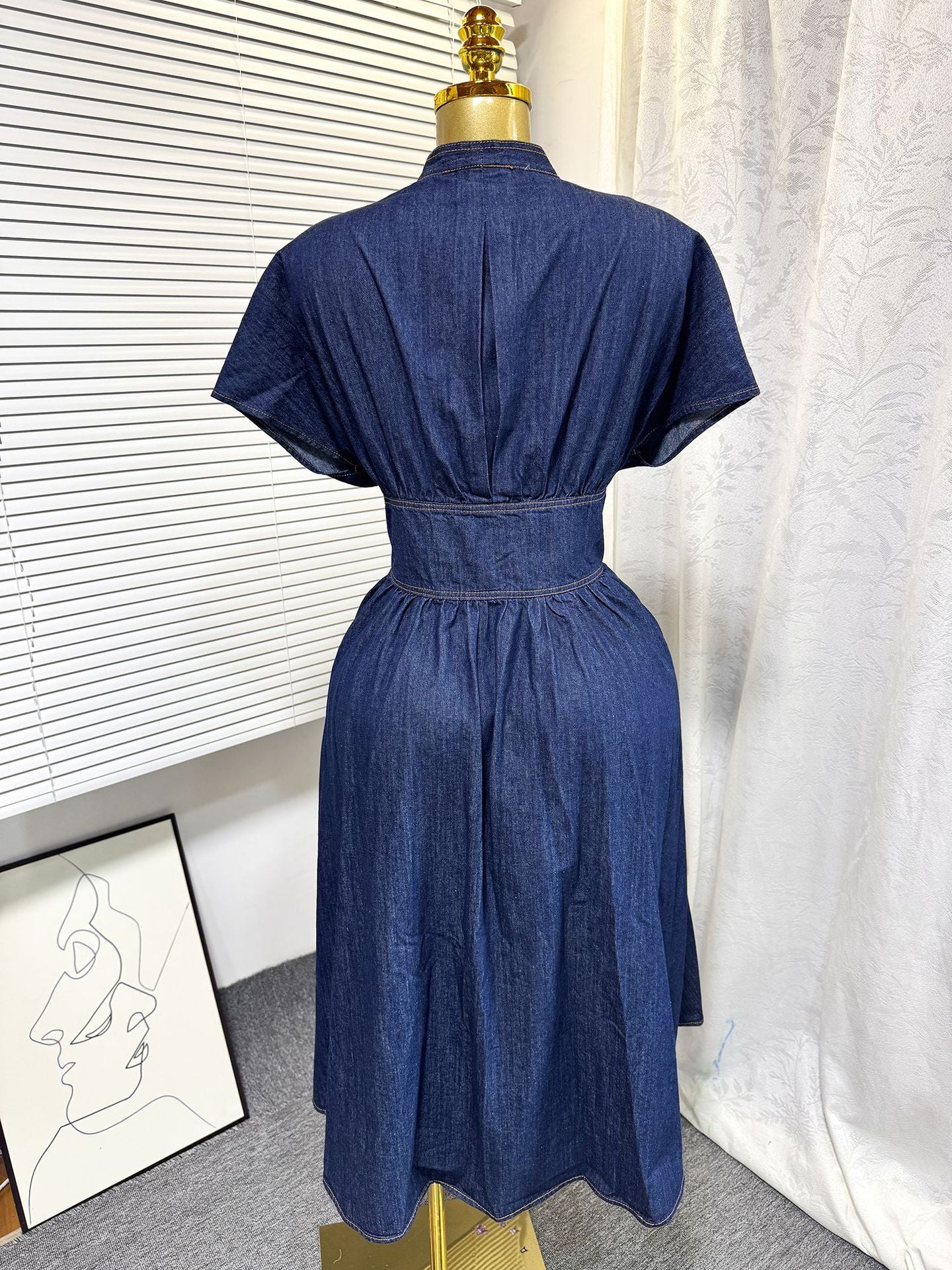 Women's Summer Deep V neck Slim Waist Buttoned Pleated Casual Denim Dress 12