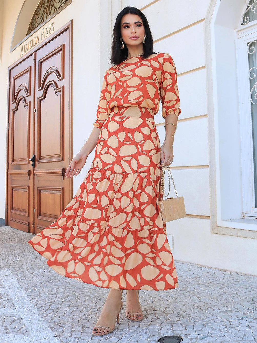 Women's printed Chic elegant Round Neck Patchwork A-line long skirt set