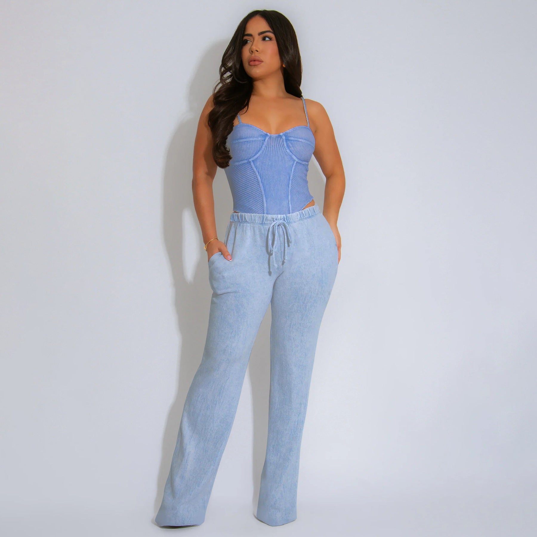 Women Sexy Cotton Washed Strapless Top and Pant Two-Piece Set 39
