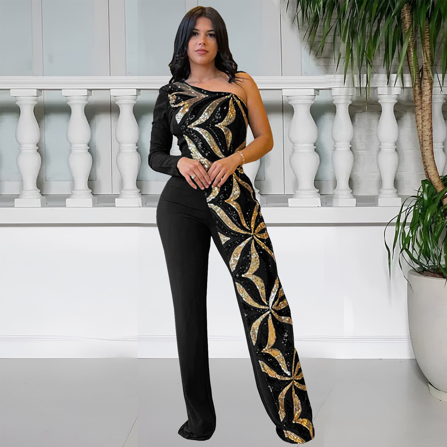 Women One Shoulder Sequin Jumpsuit 12