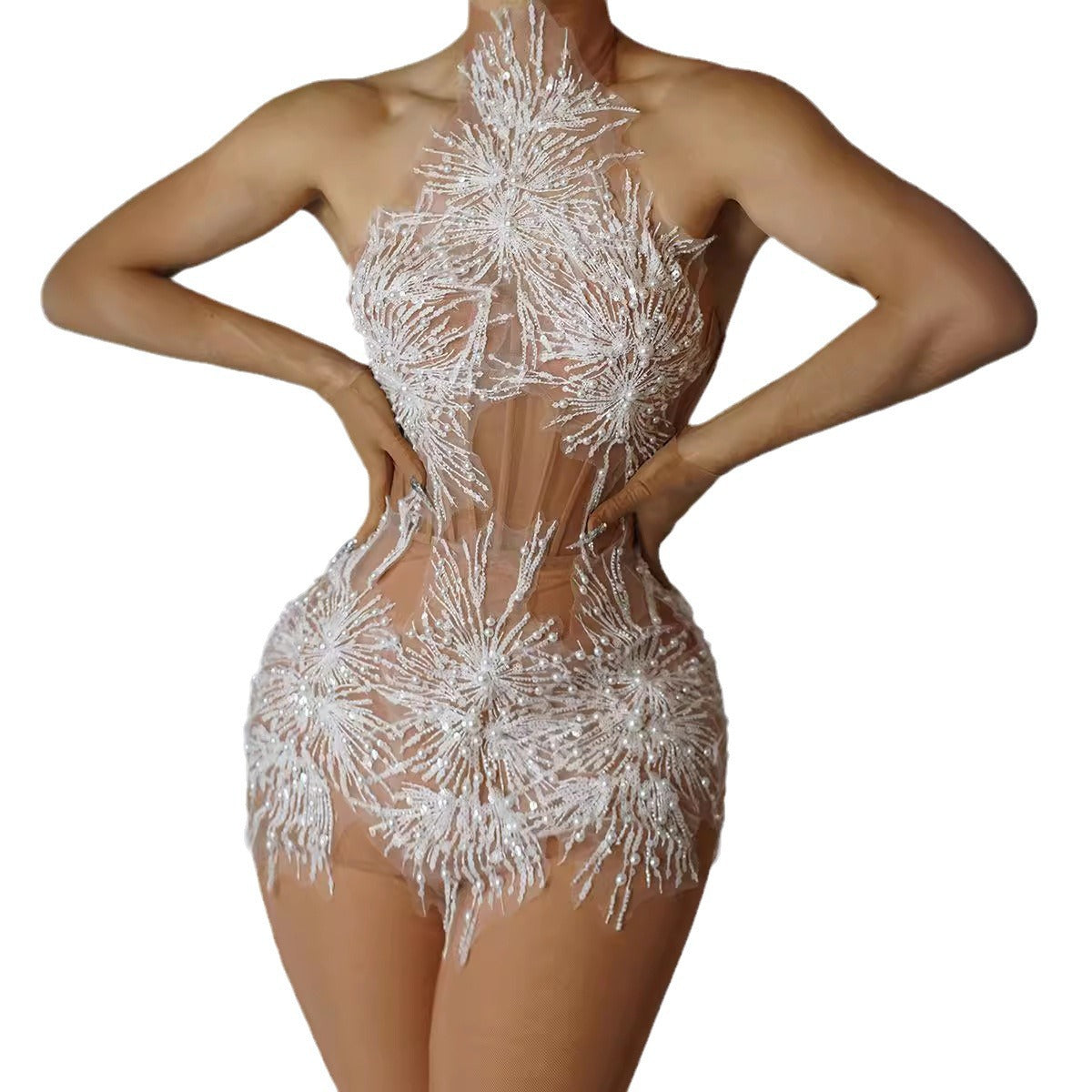 Fashion Halter Neck Strap Mini Dress Nude See-Through Sexy Party Dress