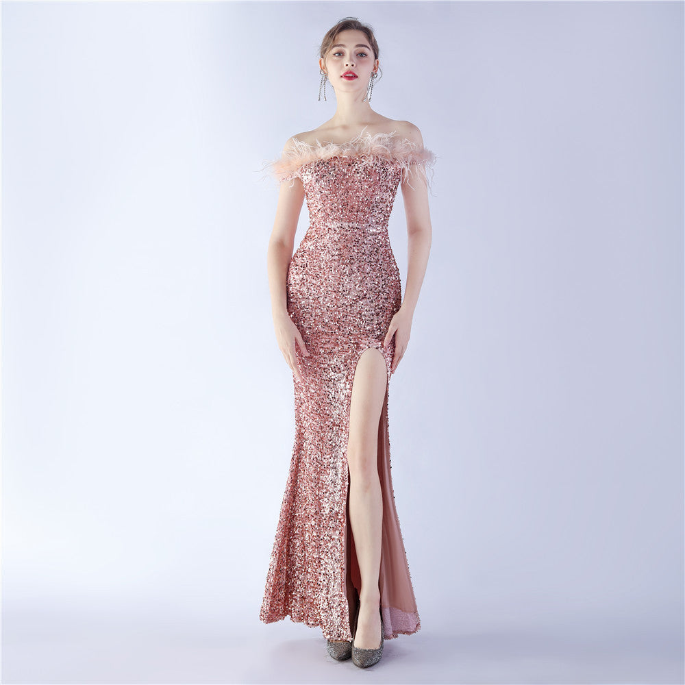 Women Sequined Ostrich Feather Off Shoulder Evening Gown 10