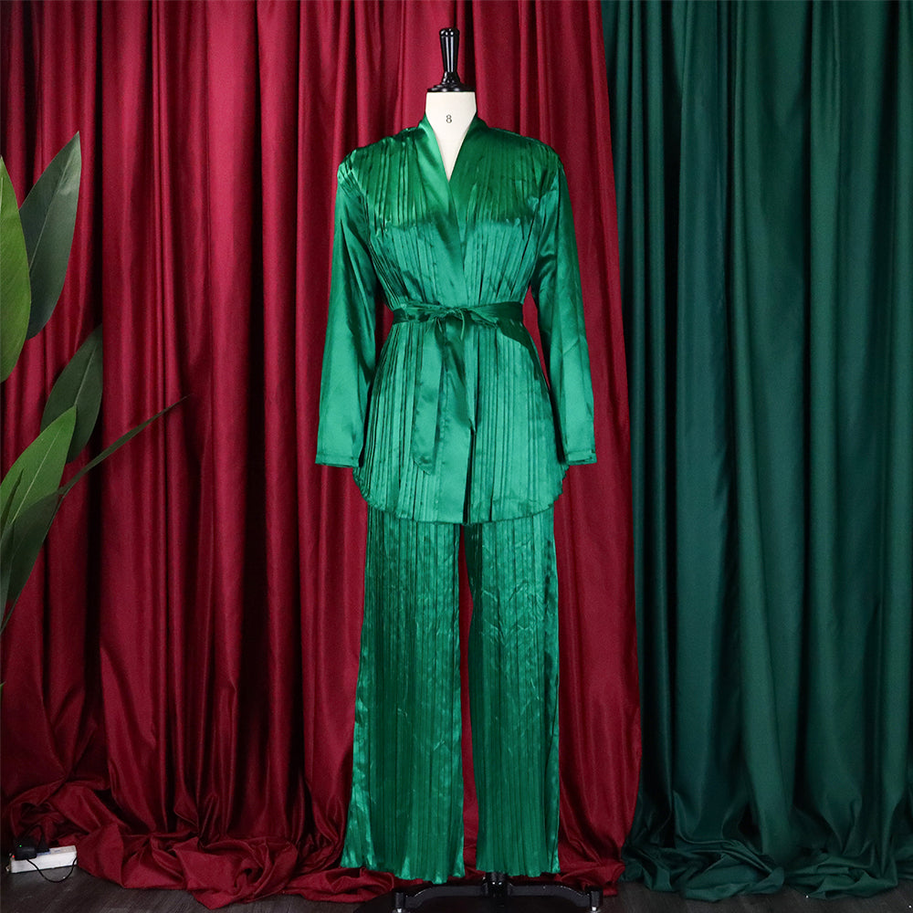 Women's Solid Color Pleated Loose Long Sleeve Lace-Up Shirt-Pants Two-Piece Set 18