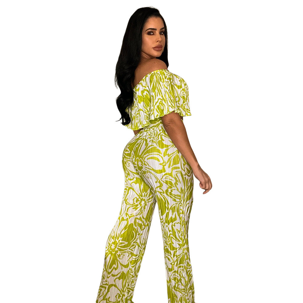 Women's Off Shoulder Wrap Crop Slim Waist Pants Two-Piece Set 7