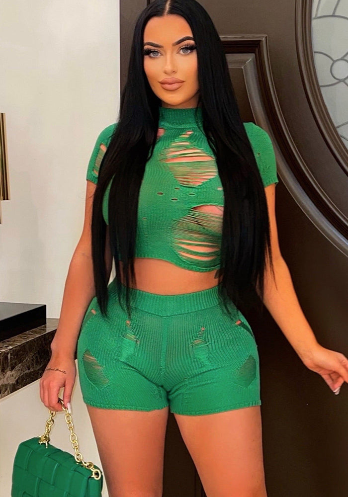 Women Fashion Knitting Tight Fitting Hollow Out Sexy Two Piece Shorts Set Spring Summer