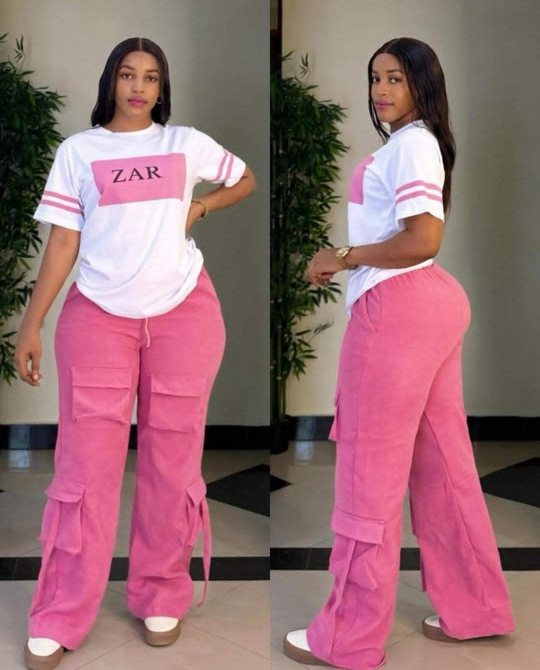 Women Casual Printed Short-sleeved Top and Cargo Pants Two-piece Set 4