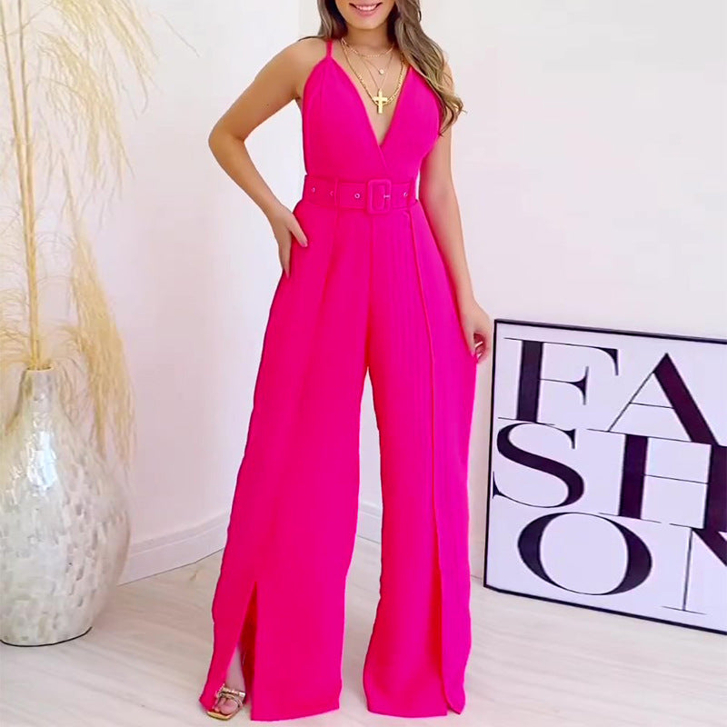 Women summer suspenders V-neck high waist slit wide-leg Jumpsuit 6
