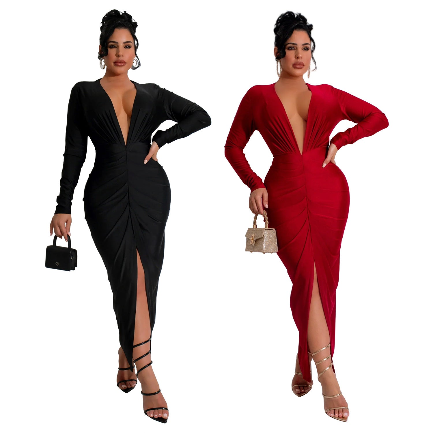 Women V-Neck Slit Solid Dress（customized,MOQ 6pcs/size/color,process time 7-10 days） 7