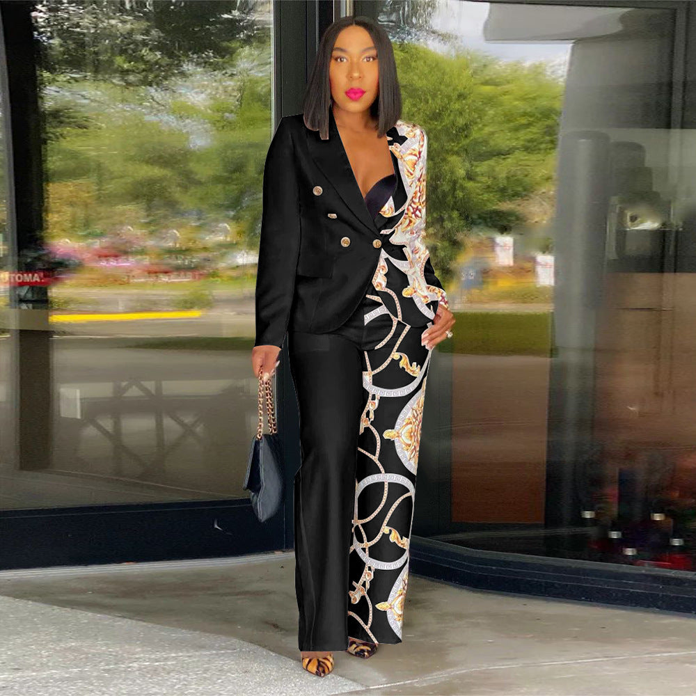 Fashionable Women's Turndown Collar Long Sleeve Printed Suit Two Piece Set 5