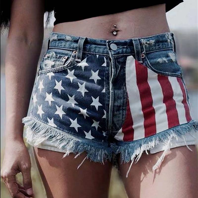 Women American Flag Ripped Tassel Denim Shorts 3