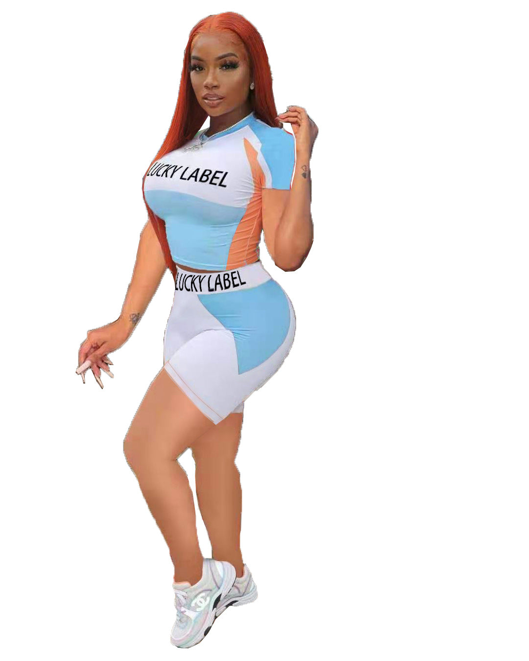 Women's Letter Colorblock Print Short Sleeve Shorts Tracksuit 6