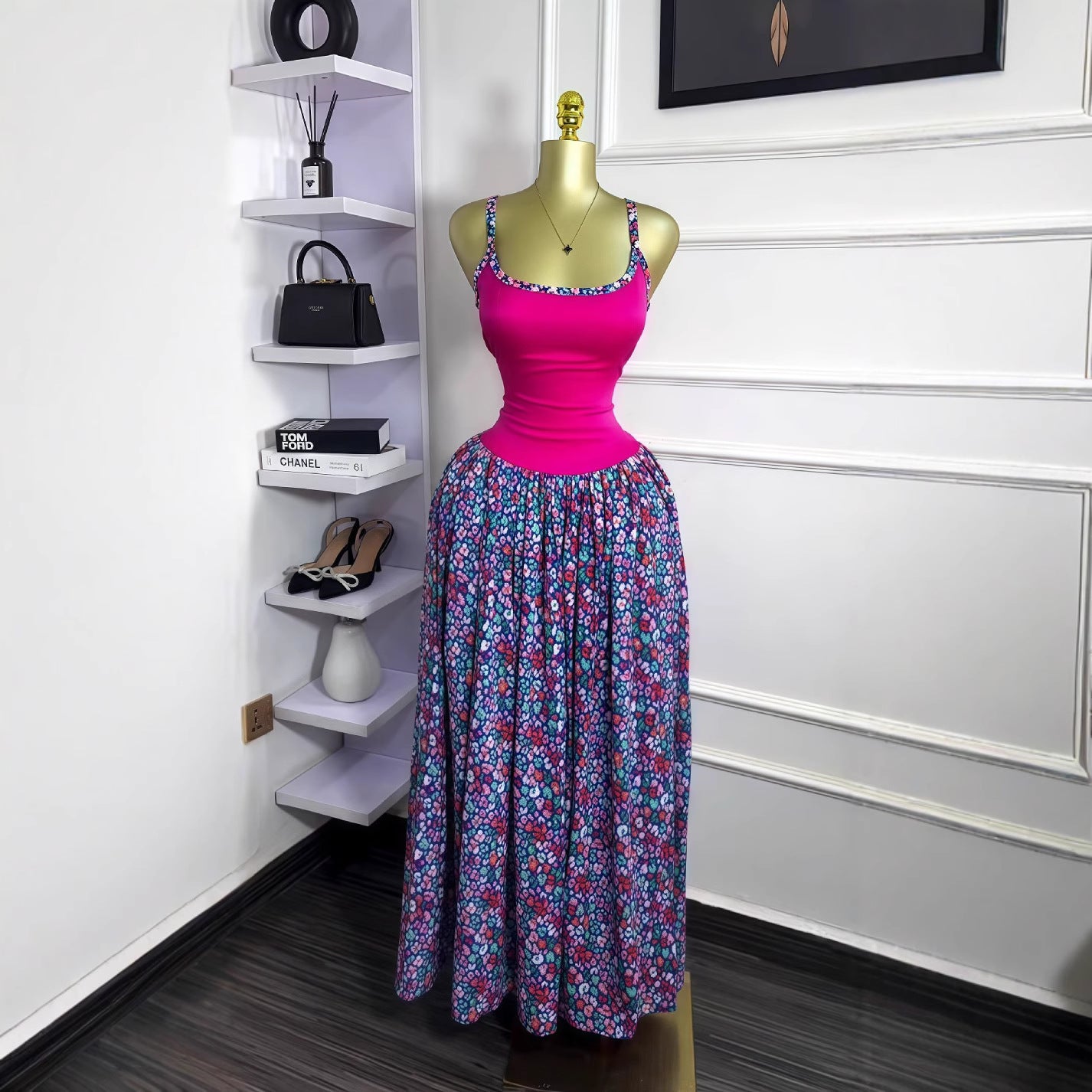 Women's Summer Sleeveless Print Sexy Strap Pleated Long Dress 5