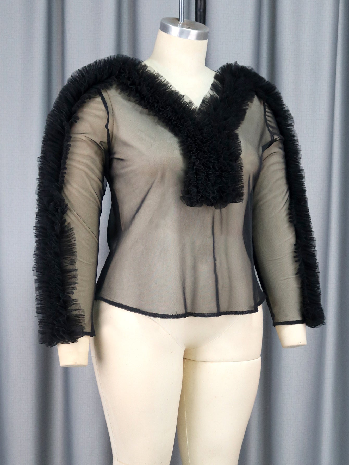 Sexy See-Through Long Sleeve Blouse V-Neck Mesh Patchwork Slim Waist Slim Fit Tops 9