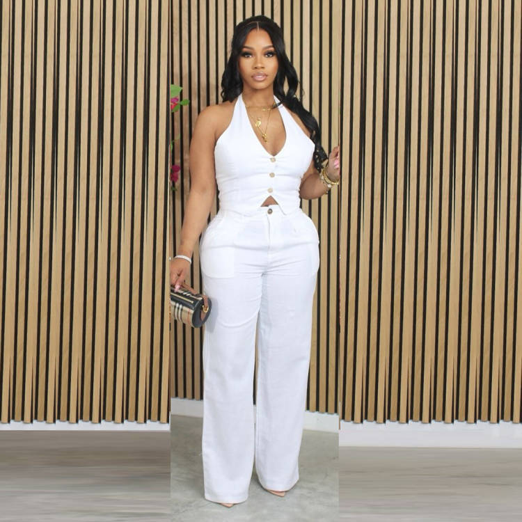 Women solid v-neck Halter Neck vest and PantTwo Piece Set 3