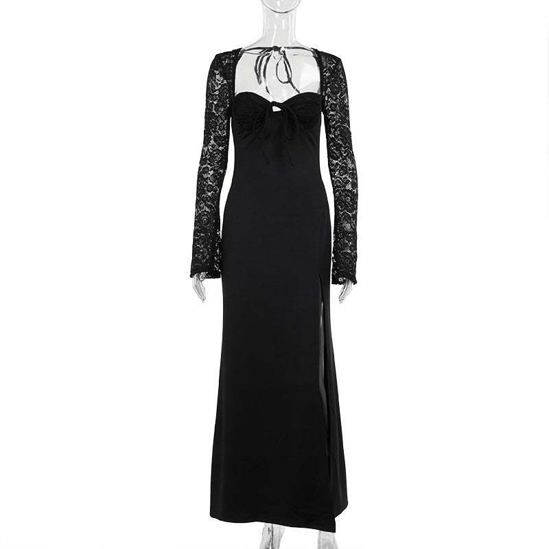 Women Sexy Lace Long Sleeve Patchwork Slit Dress 9