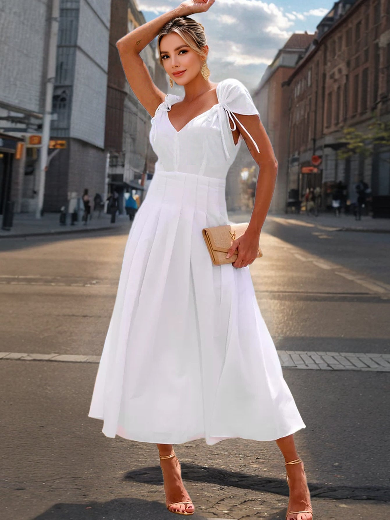 Women Elegant V-Neck Lace-Up Summer Dress 4