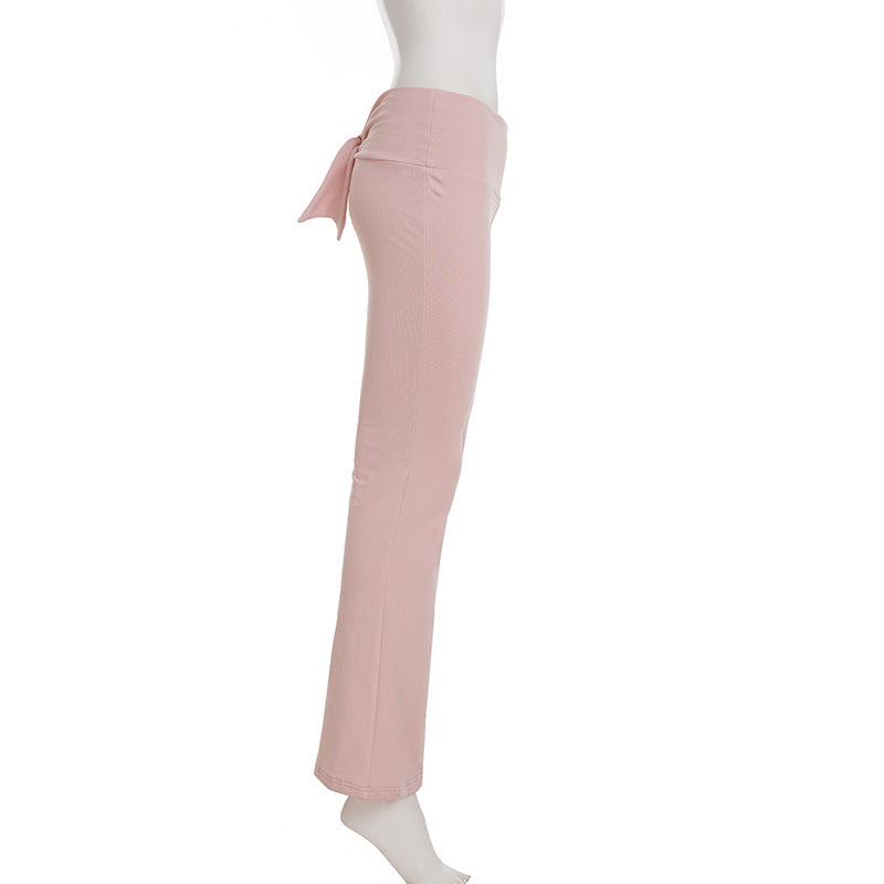 Women Casual Solid Bow Patchwork V-Neck Top and Bell Bottom Pants Two-Piece Set 14