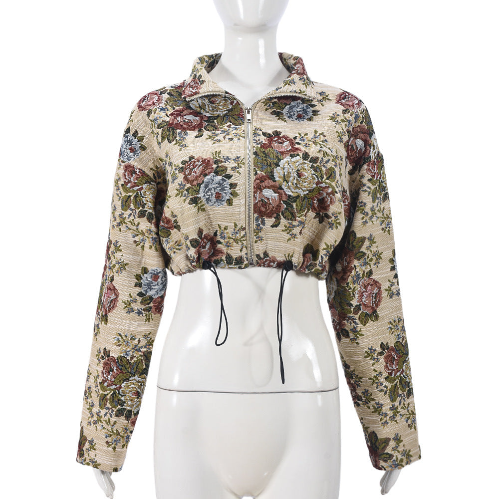Autumn Crop Drawstring Flower Jacquard Long-Sleeved Women Jacket 9