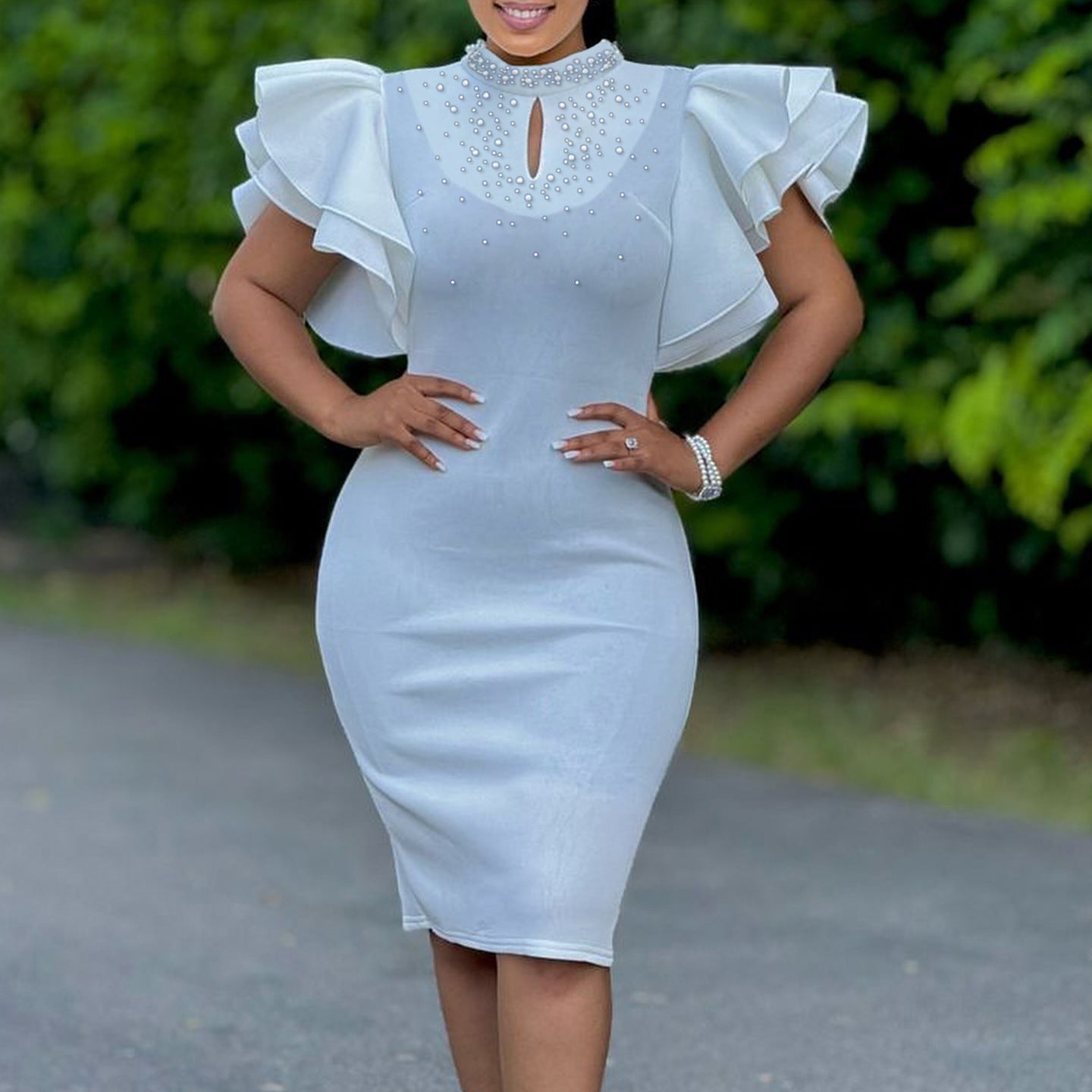 Women Sexy Ruffle Sleeve Beaded Party African Dress 11