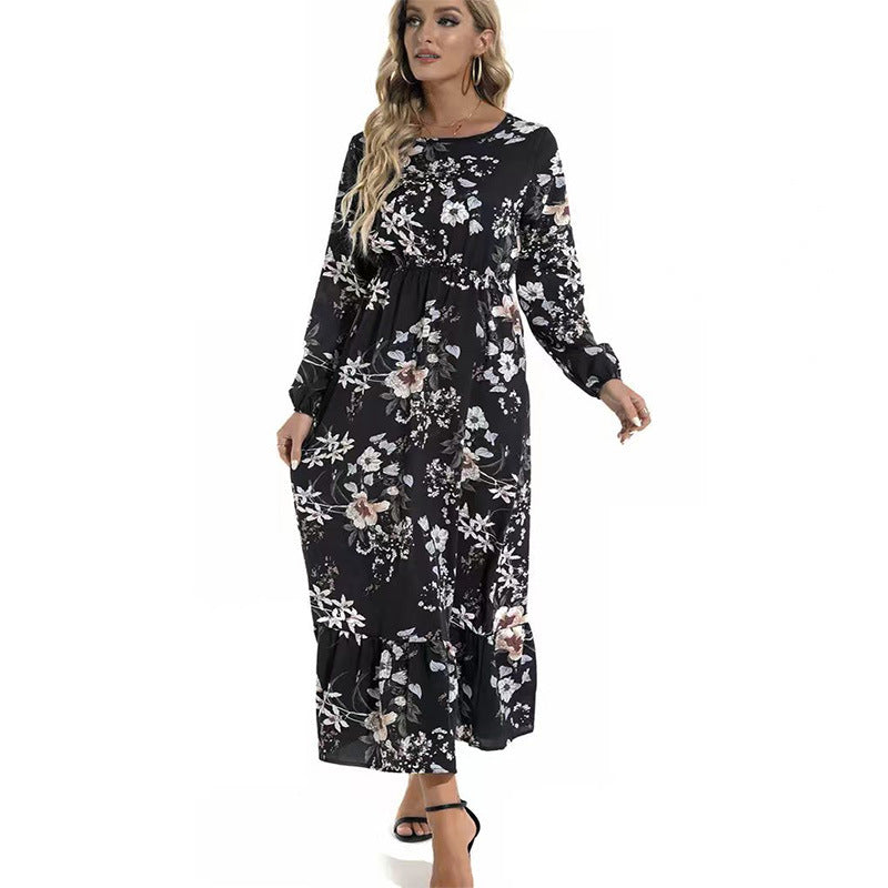 Women Long Sleeve Printed Round Neck Floral Dress 7