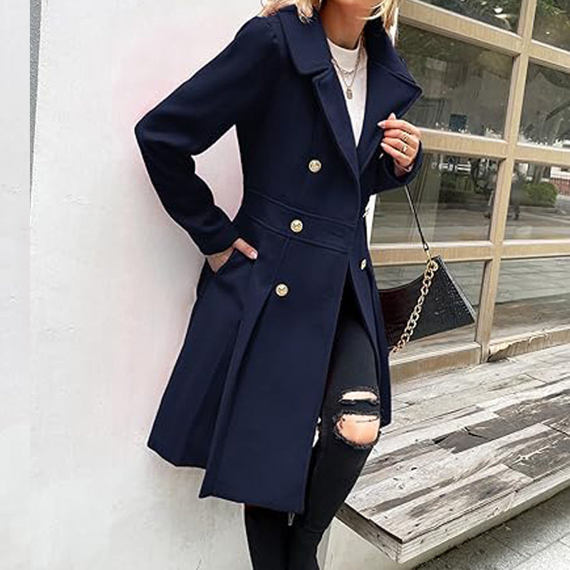 Women Fall and Winter Turndown Collar Double-Breasted Pocket Windbreaker 27