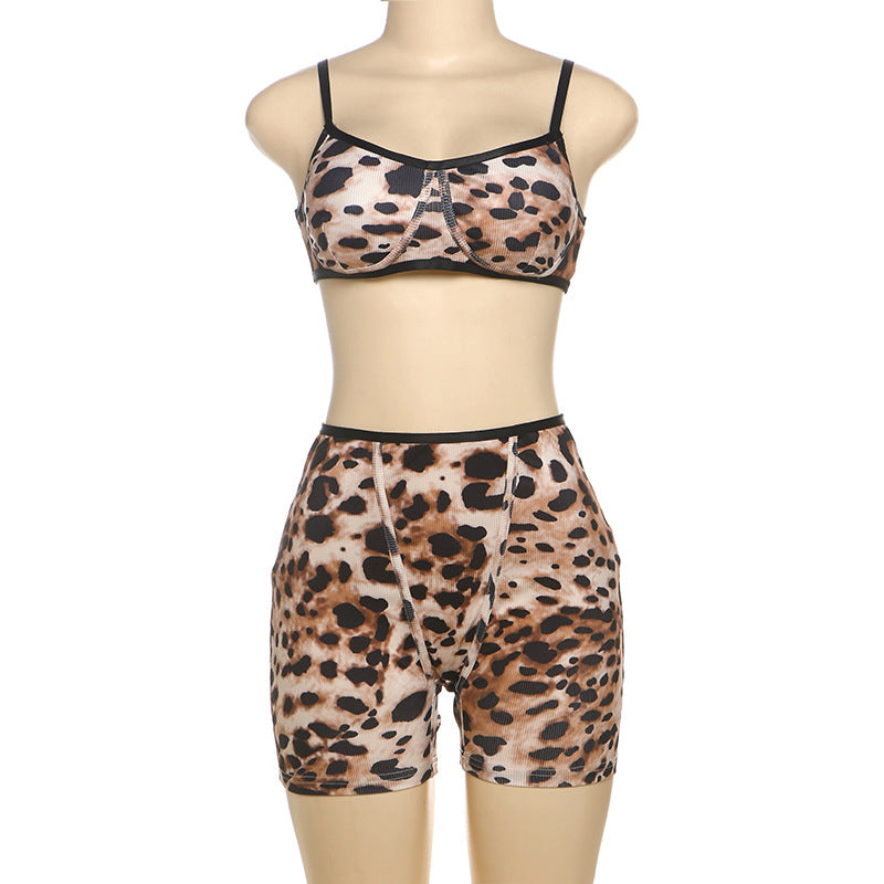 Women summer leopard print suspender Top and shorts Two Piece Set 9