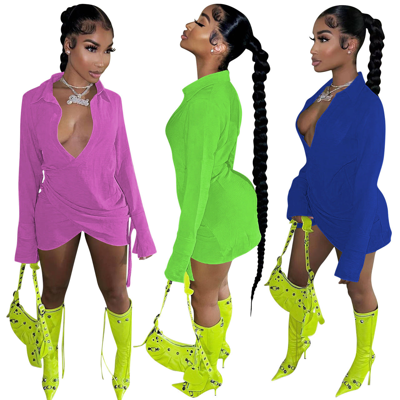 Ladies Fashion Cross Solid Shirt Dress 7