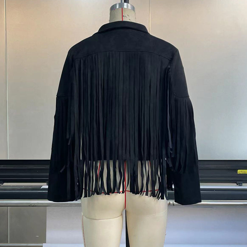 Women'S Autumn And Winter Turndown Collar Fringe Short Suede Leather Jacket 11