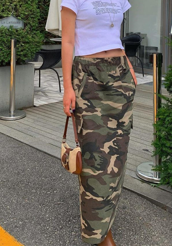 Elastic Waist Women's Spring and Summer Pocket Outdoor Fashion Style Camouflage Washed Skirt