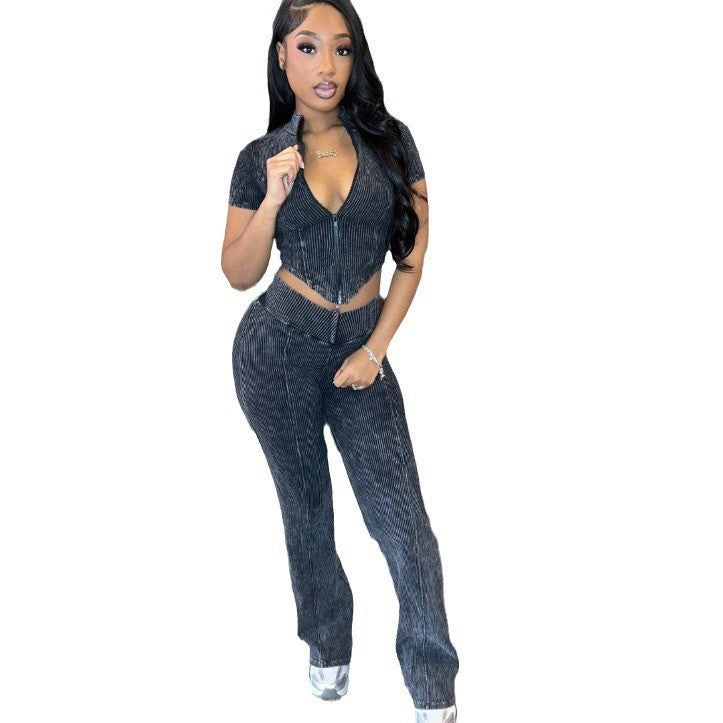 Women Printed Short Sleeve Zipper Top And Bell Bottom Pant Two-piece Set 6