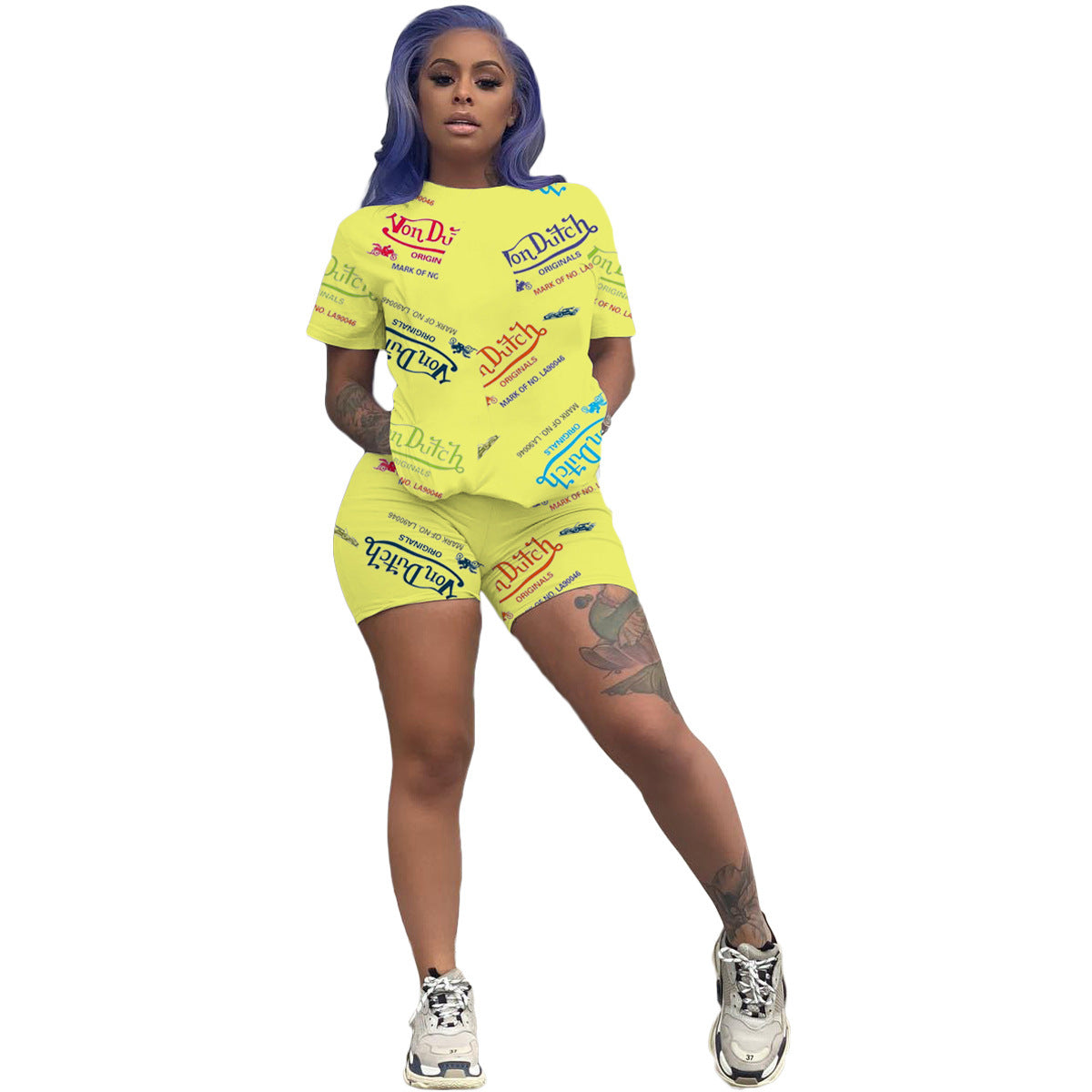 Women Sexy Letter Print Round Neck Short Sleeve Top and Shorts Two Piece Set 16